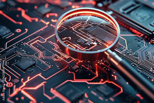 red glowing circuit board under magnifying glass highlighting system vulnerability in digital infrastructure