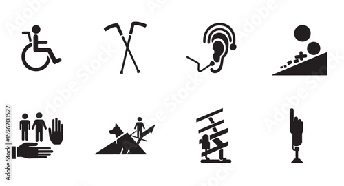 Simple black disability icons depicting accessibility and support for diverse individuals