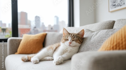Content Cat Nap Relaxed Tabby on Modern Sofa with City View, Pets, Comfort