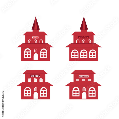 Bank, Hospital, Museum, School, Building flat design illustration object illustration red and white stock vector illustration for web, for print