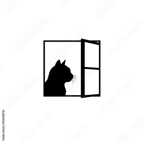 Silhouette of a cat looking out an open window pane