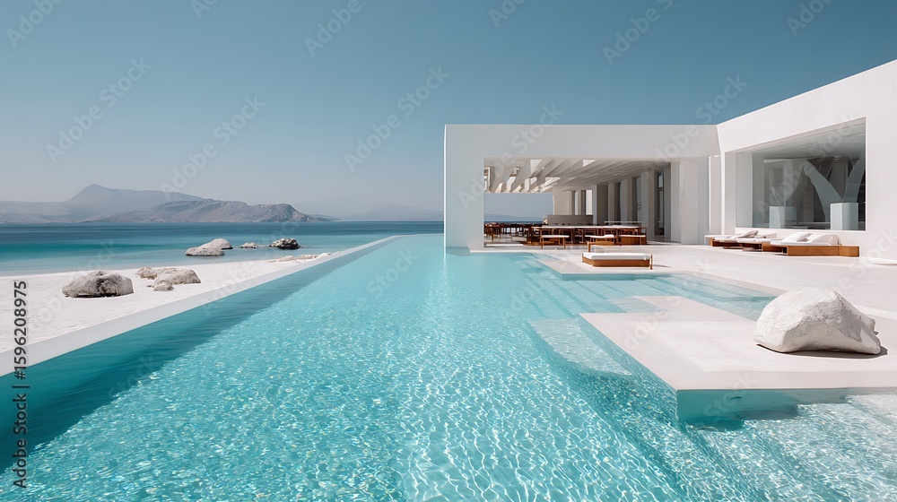 Fototapeta premium Modern White Villa with Infinity Pool by the Sea / 海に溶け込む白いヴィラとインフィニティプール