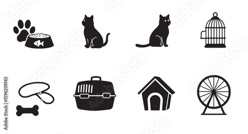 Vector illustration of pet icons including cats dog houses bowls leashes carriers and wheels