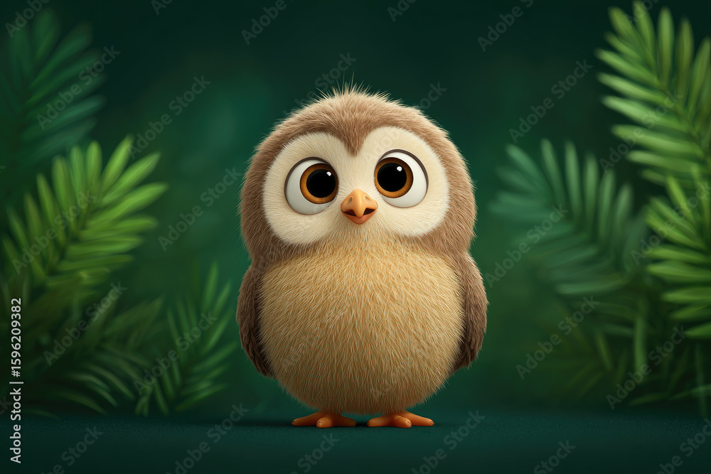 Fototapeta premium Cute animated owl character magical forest digital art vibrant greenery close-up adorable wildlife illustration for children’s media