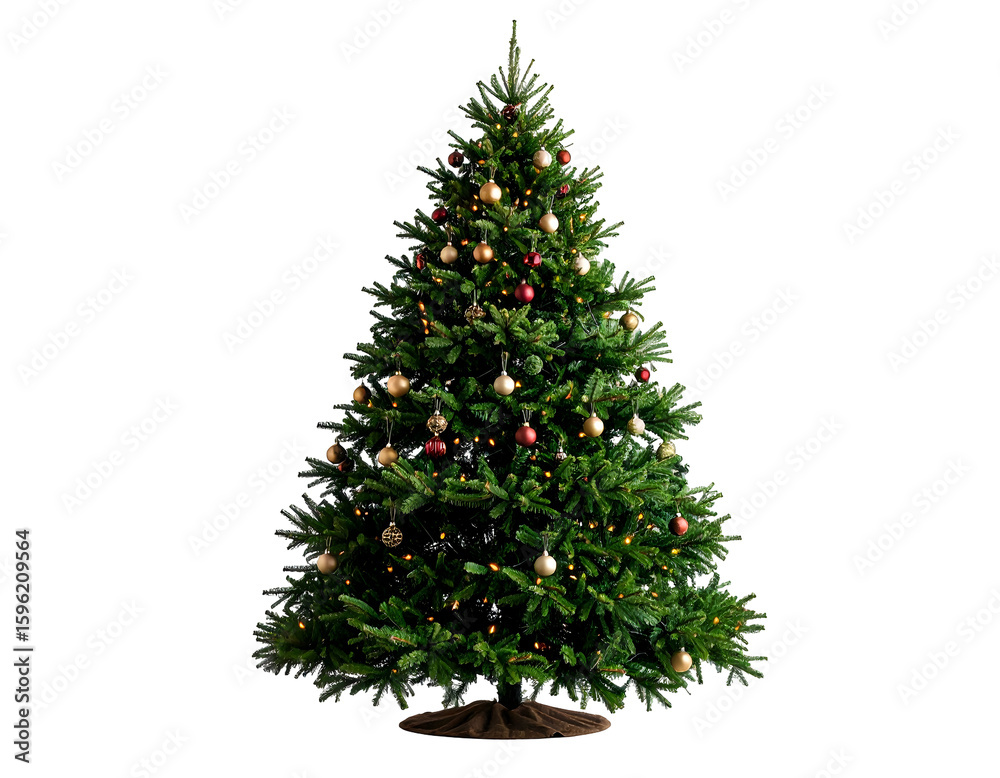 Fototapeta premium A festive evergreen tree stands tall, adorned with shimmering ornaments and twinkling lights.