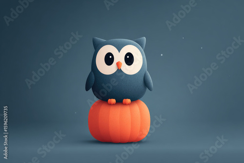 Playful blue owl on a pumpkin whimsical scene 3d studio setting charming perspective fun and creative concept