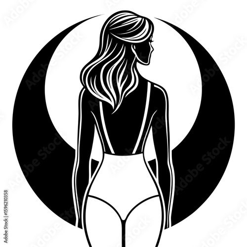 Stylized black and white illustration of a woman's back with flowing hair and a crescent moon silhouette