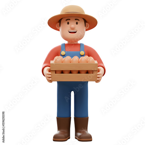 Farmer Holding Eggs 3d rendered, isolated on transparent background