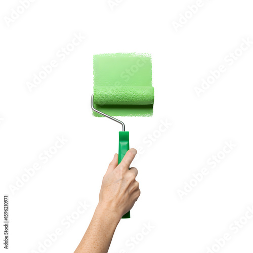Hand Painting with Green Roller Brush, Isolated on White or Transparent Background