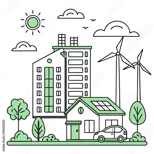 Eco-friendly illustration showing renewable energy and sustainable living. The image features a house with solar panels, wind turbines, and an electric car, representing green living concepts