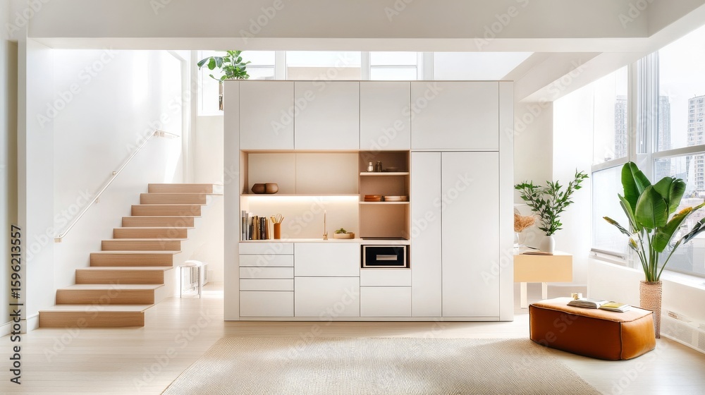 Naklejka premium Minimalist White Kitchen and Staircase with Plants, InteriorDesign , HomeDecor