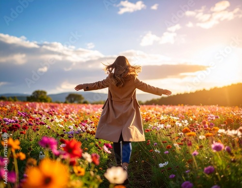 A woman with outstretched arms joyfully walks through a vibrant flower field under a sunny sky, enjoying the freedom and beauty of nature.