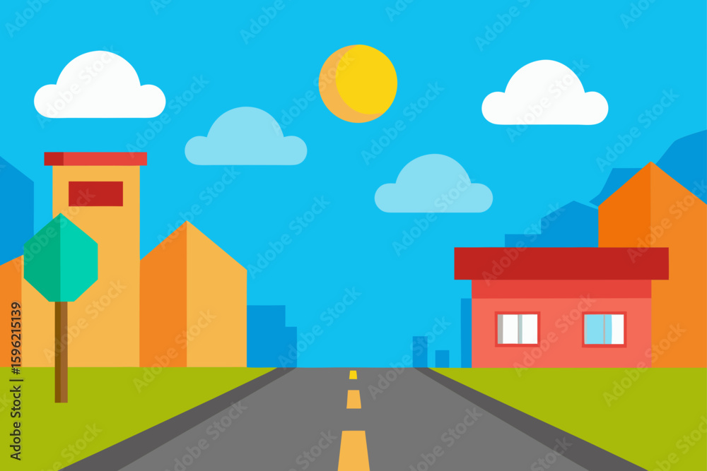 cartoon sunny day street with blue sky and white cartoon sunny day street with blue sky and white