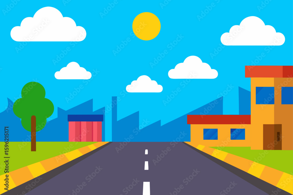 Naklejka premium cartoon sunny day street with blue sky and white