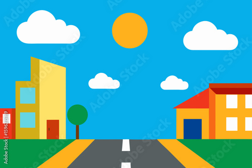 cartoon sunny day street with blue sky and white