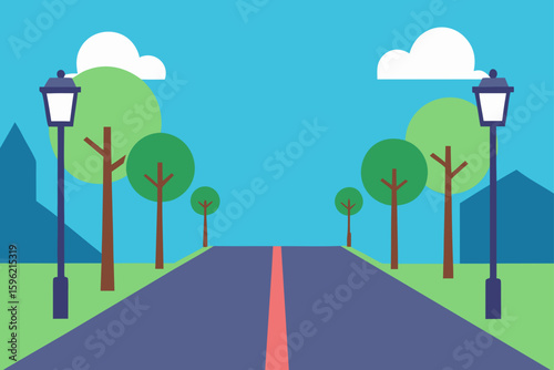 deserted street with trees and street lamps vector