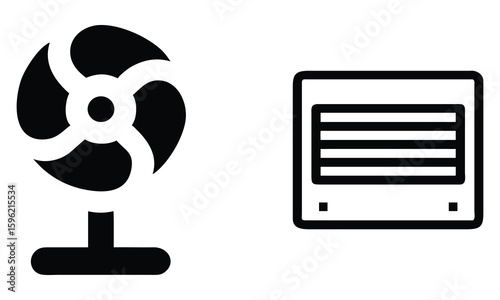  A black and white minimal icon illustration showing a tabletop fan and a window air conditioner, ideal for representing cooling systems, ventilation, or climate control.
