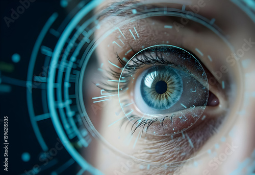 Close-up view of a human eye with futuristic interface, showcasing intricate details and technology integration