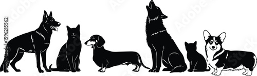 Dog and cat breed silhouettes, pet illustration design, animal vector collection, veterinary concept artwork, black and white graphic composition
