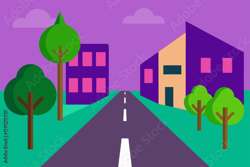 vector street with green trees and purple buildin