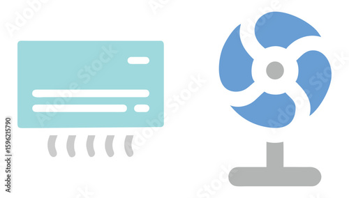  A  illustration showing a tabletop fan and a window air conditioner, ideal for representing cooling systems, ventilation, or climate control