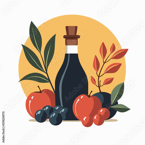 A modern illustration depicting a dark bottle of berry vinegar surrounded by apples, plums, cranberries, and autumn foliage, suitable for cooking or fresh farm-fresh dishes.