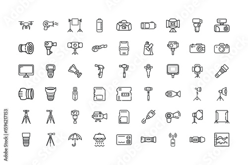 Outline Icons Representing Photography and Videography Equipment and Accessories