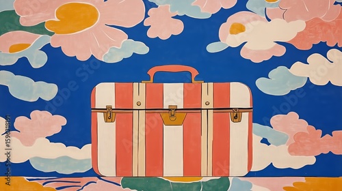 Vintage striped suitcase on colorful floral background with clouds