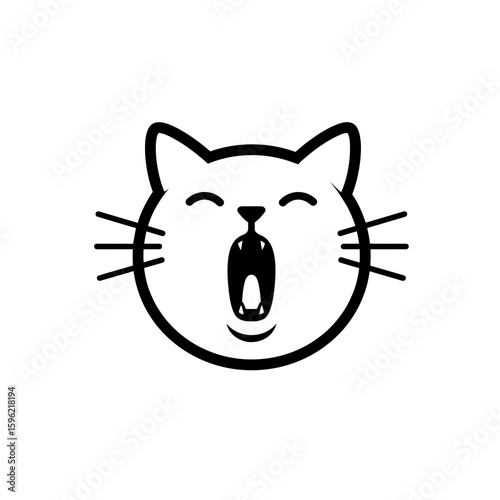 Cartoon cat yawning with closed eyes and whiskers silhouette