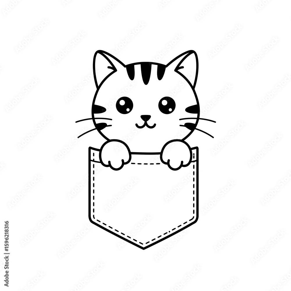 Fototapeta premium Cute striped cat peering out from a pocket design silhouette