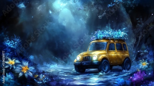 Vintage car in enchanted forest with glowing flowers under moonlit sky