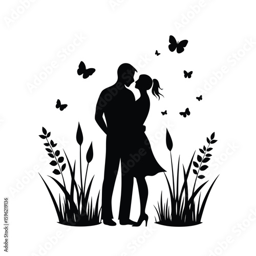 Romantic silhouette of a couple embracing in a warm glow