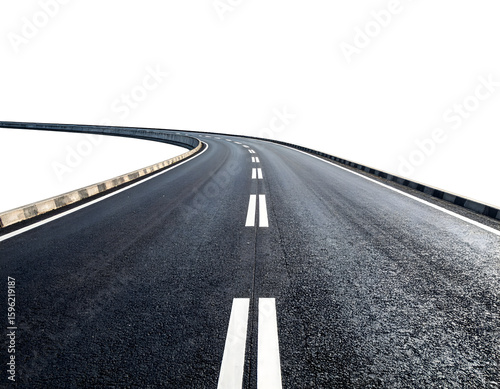 Dynamic perspective of a winding asphalt road with bright white lane markings