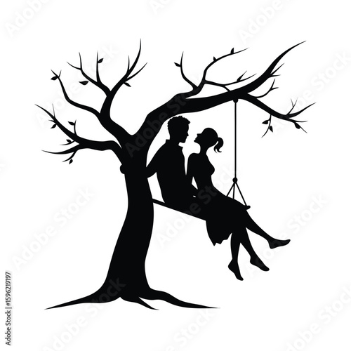 Romantic silhouette of a couple enjoying a rope swing together