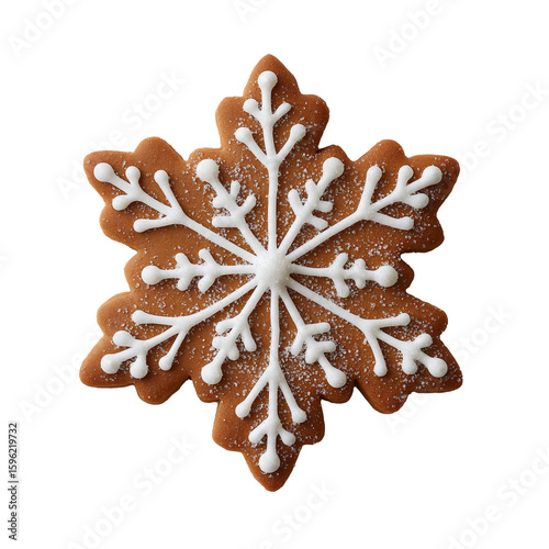 A gingerbread cookie in the shape of a snowflake with intricate white icing on a black background.