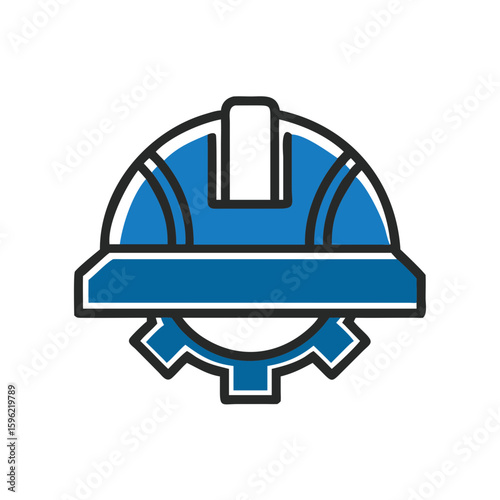Blue construction hard hat with gear symbol in minimalist design  