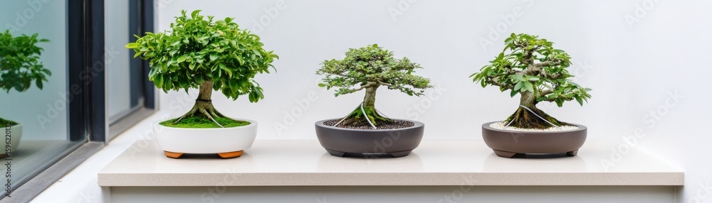 Fototapeta premium Three Potted Bonsai Trees on Shelf, White Background, Zen , Miniature tree