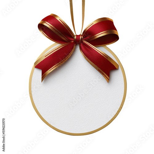 White circular gift tag with golden edge and red bow ribbon on white background.