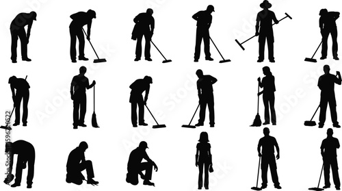 Silhouettes of cleaning workers, sweeping and mopping poses, sanitation job illustration, housekeeping team, hygiene maintenance concept, black vector artwork