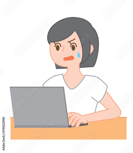 トラブルに遭遇するPC作業中の女性のイラスト/Worried Woman Facing PC Trouble Illustration