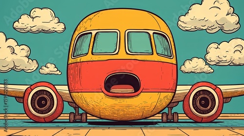 Colorful airplane with expressive face on runway