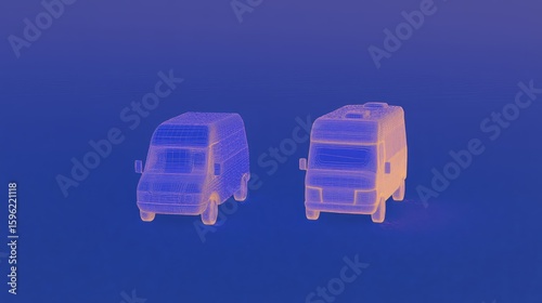 Abstract wireframe vans against a minimalist blue background for futuristic themes