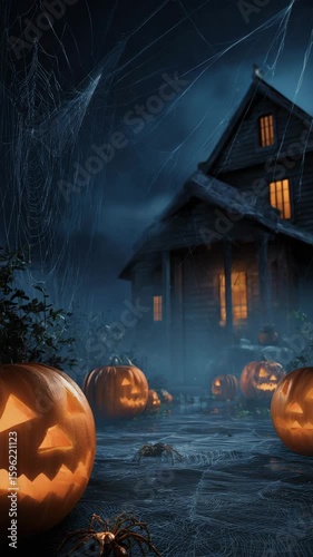 Spooky halloween background including pumpkins, a haunted home, and a spider