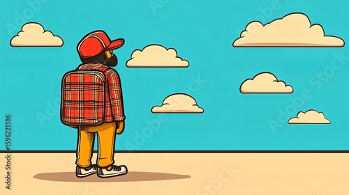 Hipster traveler enjoying cloudy sky in minimalist style artwork