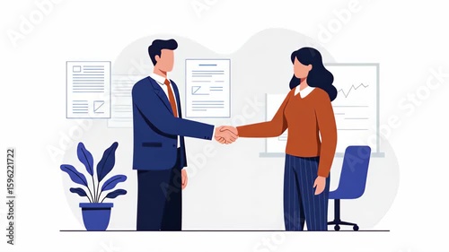 Flat vector a businessman and businesswoman are shaking hands after a successful business deal in an office isolated on white background