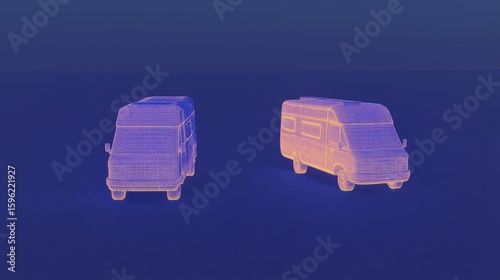 Wireframe art of mini camper vans on blue background