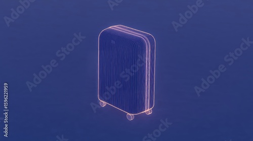 Futuristic wireframe suitcase on blue background with neon glow