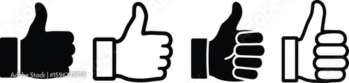 Vector Set of Thumbs Up Icons in Black and White with Outline and Solid Styles for Approval, Feedback, and Like Concepts