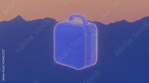 Neon luggage in mountain sunset: travel and technology fusion