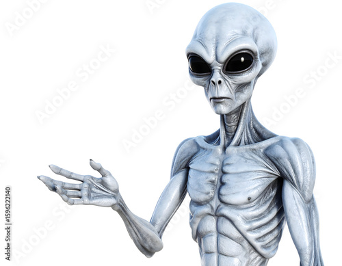 An enigmatic grey alien with large dark eyes and a slender body extends its hand in a welcoming gesture.